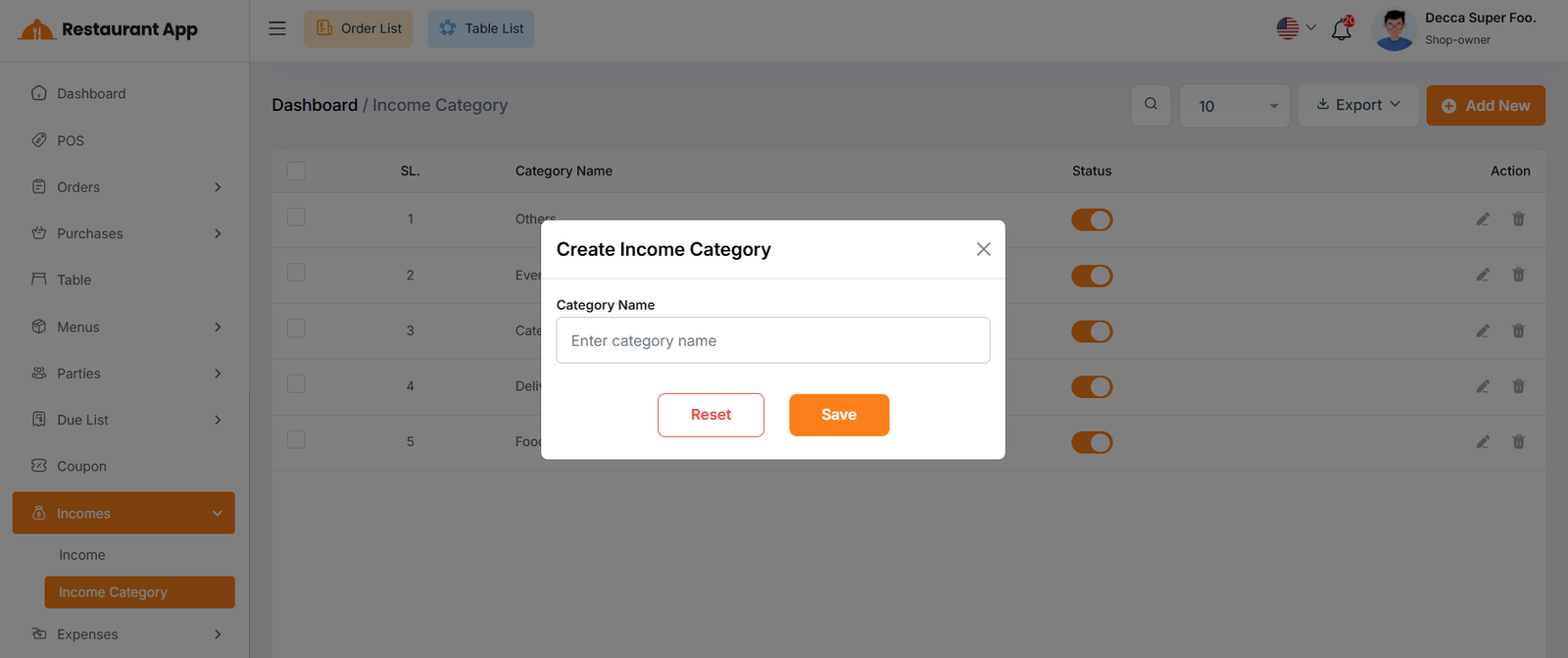 Create Income Category