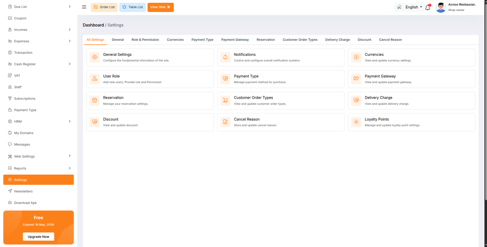 Settings List
