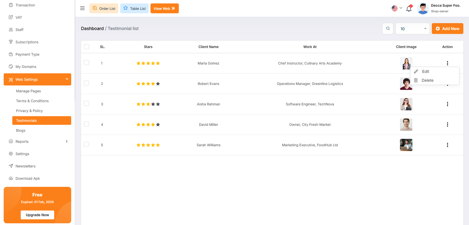 Testimonial List