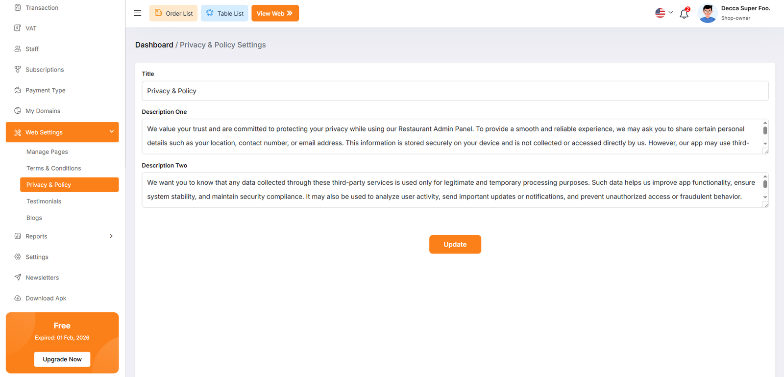 Privacy Policy Setting
