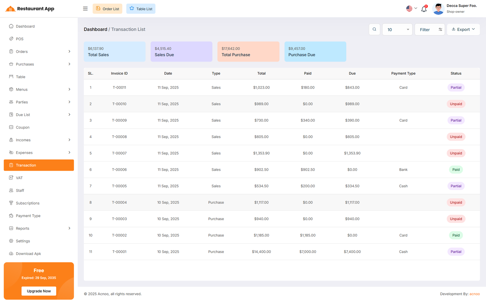 Transaction List